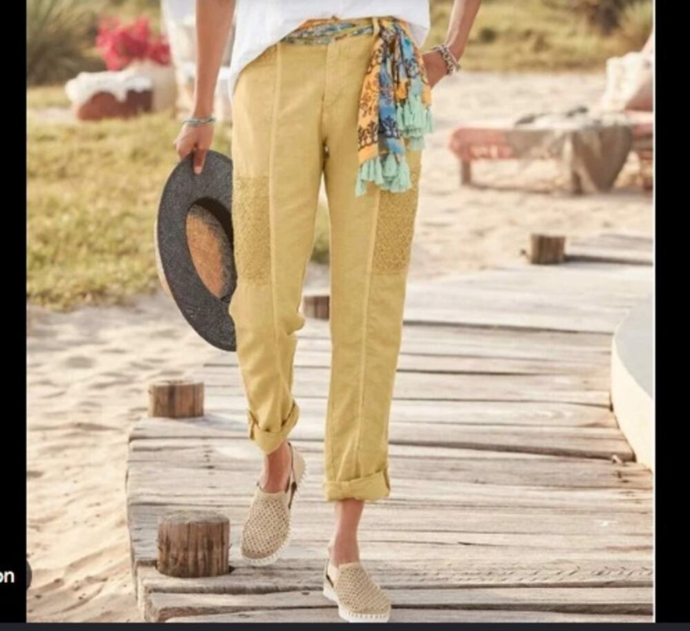 Sundance Sz 10 Embroidered Trim Lace Linen Cotton Pants Boho Chic